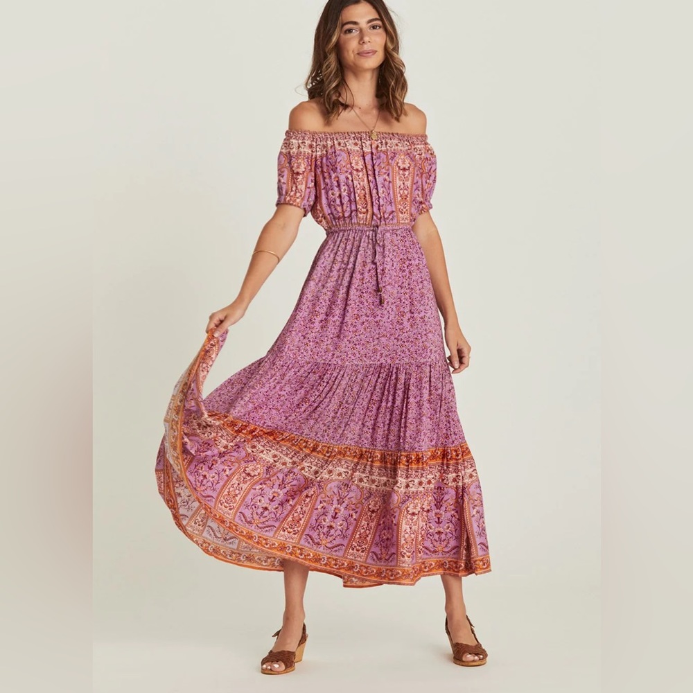 Arnhem Pink & Orange Off-Shoulder Boho Maxi Dress
